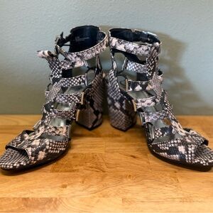 Gianni Bini Black & White Snake-Print Strappy Block Heels